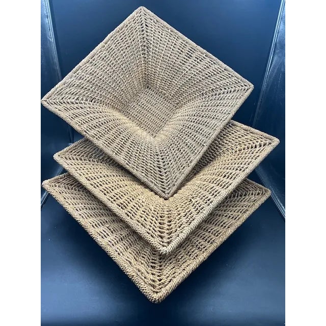 Set of 3 Square Vintage Natural Woven Seagrass Baskets For Sale - Image 10 of 12