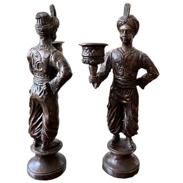 Boho Chic Vintage Maitland-Smith Attributed Bronze Turbaned Attendant Figural Candlesticks Manner of Tony Duquette – A Pair For Sale - Image 3 of 13