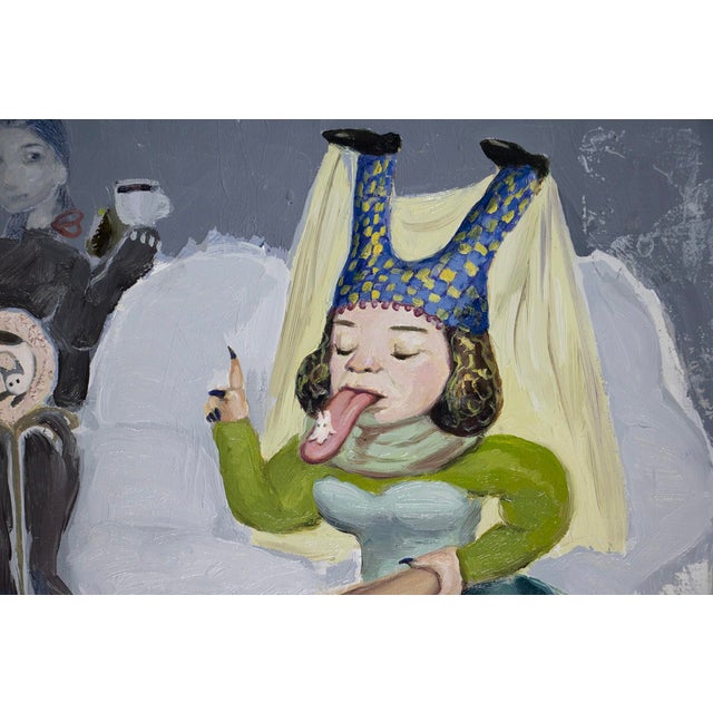 The painting "Wisdom" presents a surreal tableau where a figure with an exaggerated expression and a whimsical headdress...