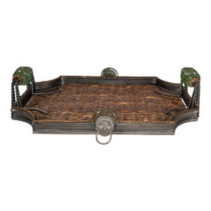 Late 20th Century Maitland-Smith Style Wrought Iron Wicker Glass Bronze Ring Lion Tray