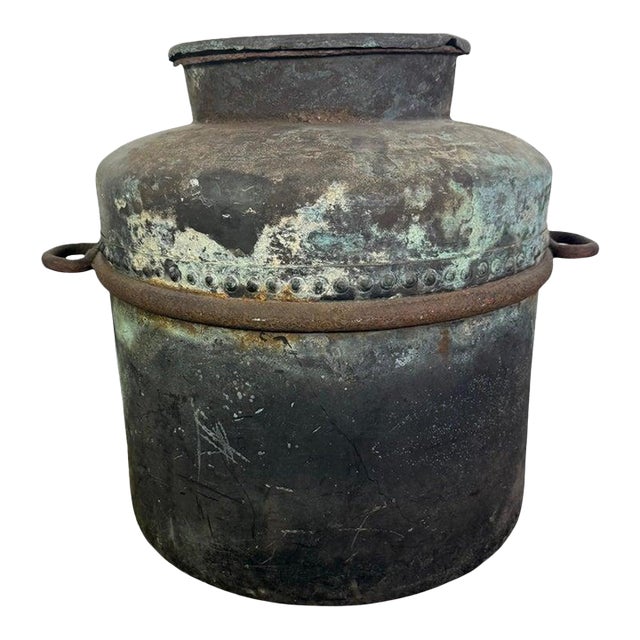 Antique Copper Storage Vessel With Verdigris Patina, 19th Century For Sale
