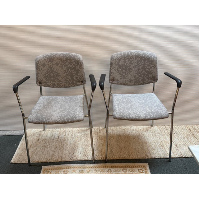 Design Plus Gallery presents a a Pair of Damask Printed Modernist Arm Chairs from HighTower. The chairs are cloth wrapped...