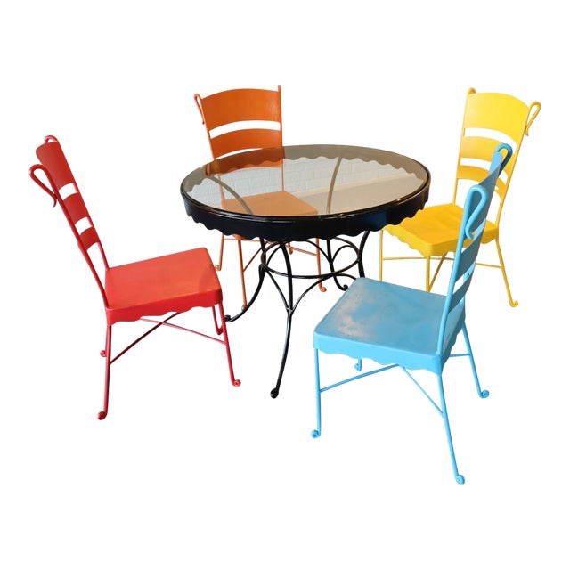 Vintage Mid-Century Stamped-Steel Strap/Slat-Back Patio Dining Chairs (Bistro/Café Form), 1950s–60s. For Sale