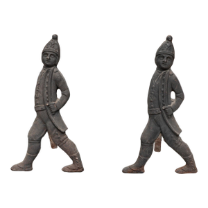 Antique M. Bibi Cast Iron Hessian Soldier Fireplace Andirons—A Pair