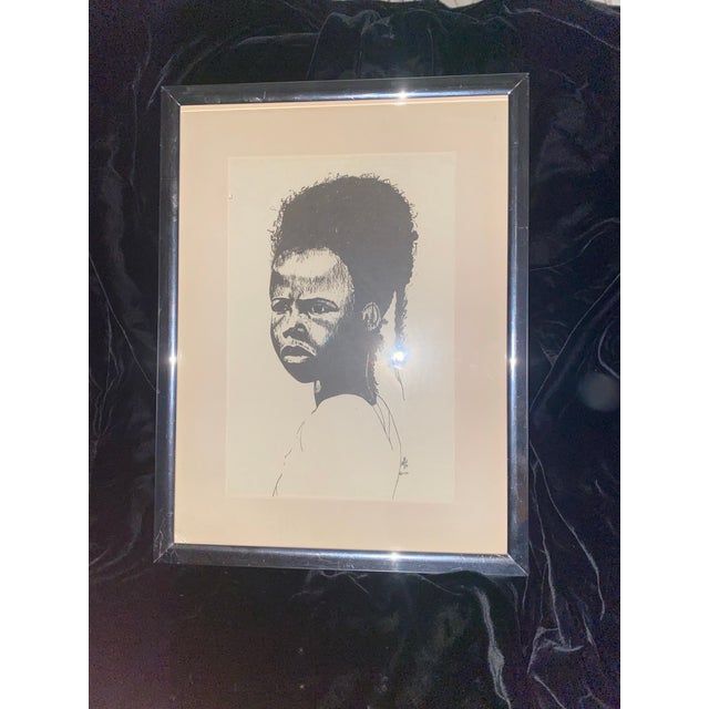 1970s Black Art Framed Black and White Portrait Drawing of a Young Person For Sale - Image 4 of 12