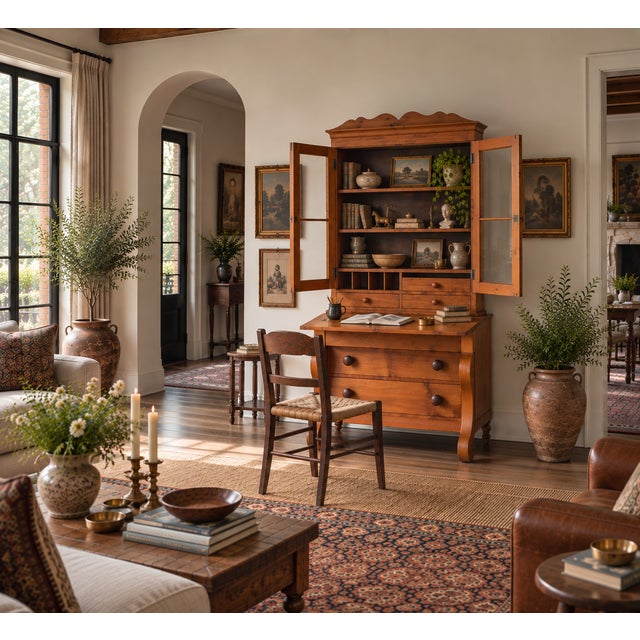 American Pine Fall-Front Secretary Desk With Glass-Front Bookcase, Circa 1840s For Sale - Image 3 of 18