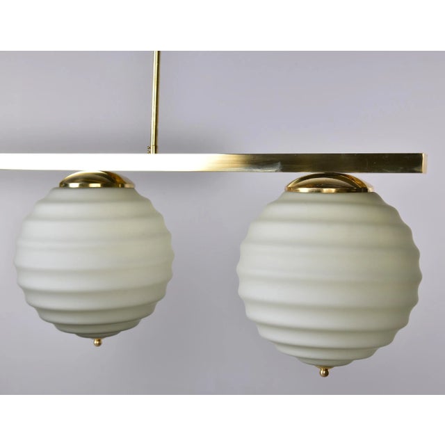 Brass New Italian Fixture With 4 Pale Taupe Globes on Horizontal Brass Bar For Sale - Image 8 of 12