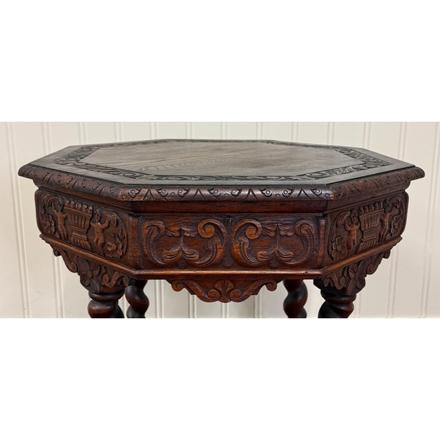 Antique French Octagonal Table Renaissance Revival Barley Twist Oak 24.5"t 19thC For Sale - Image 9 of 18