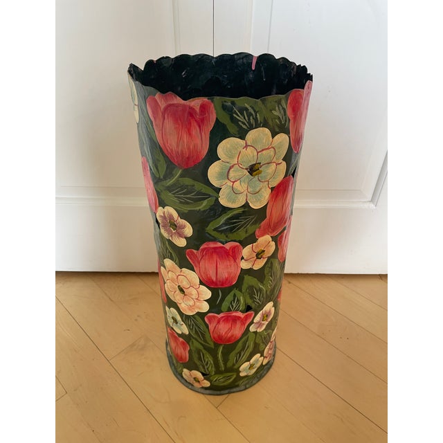 Pink Vintage Black Metal Umbrella Stand Hand Painted Flowers Tulip and Leaves For Sale - Image 8 of 10