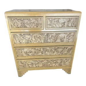Early 20th Century Asian Chinese Export Carved Camphor Painted Wood Chest of Drawers