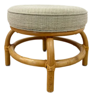 Vintage MCM Ottoman Beige Cushion Honey Rattan Coastal Stool Hollywood Regency