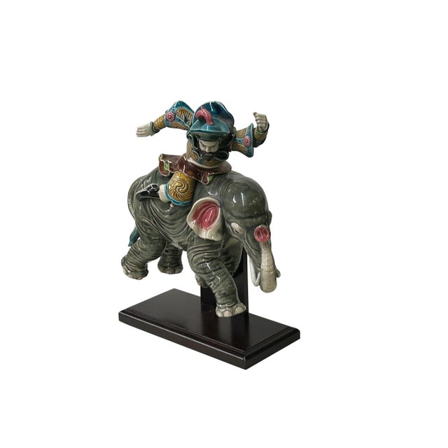 1970s Chinese Vintage Color Ceramic Warrior Riding Elephant Figure Display Art For Sale - Image 5 of 8