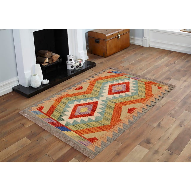 Abstract Retro Kilim Gray Rust Hand-Woven Wool Rug For Sale - Image 3 of 9