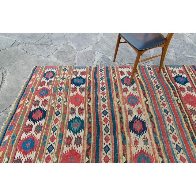 Tribal 1880s Antique Large Kilim Rug Geometric Red Cream Blue Navy Wool Flatwoven Rug - 5'2" X 8'9" For Sale - Image 3 of 10