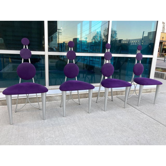 Memphis Style Dining Chairs in Purple & Green Microsuede Upholstered Panels For Sale - Image 11 of 13