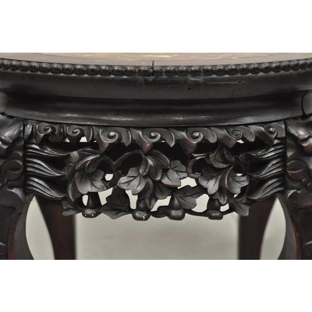 Chinoiserie Antique Chinese Carved Hardwood Foo Dog Marble Top 18" Plant Stand Side Table For Sale - Image 3 of 10