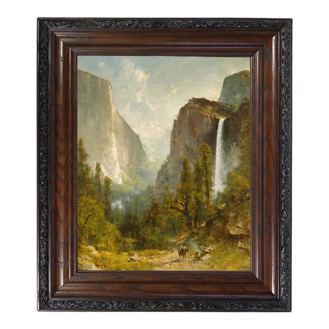 "Bridal Veil Falls Yosemite Landscape" Contemporary Reproduction Print on Canvas After Thomas Hill, Framed 15.5 x 18.5 For Sale