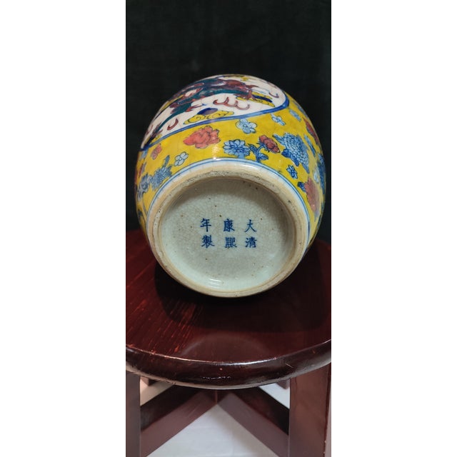 Early 20th Century Chinese Ceramic Pot Qing Dynasty Kangxi Marked Yellow Ground Doucai Porcelain Jar Hand Painted Cloud and Dragon Pattern For Sale - Image 5 of 11