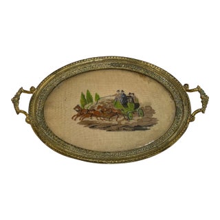 Antique Ornate Gilt Bronze Petit Point Glass French Vanity Dresser Tray Dish For Sale