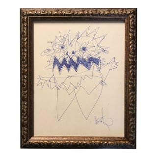 Original Vintage Wayne Cunningham Abstract Ink Figure Drawing “What” Vintage Frame For Sale