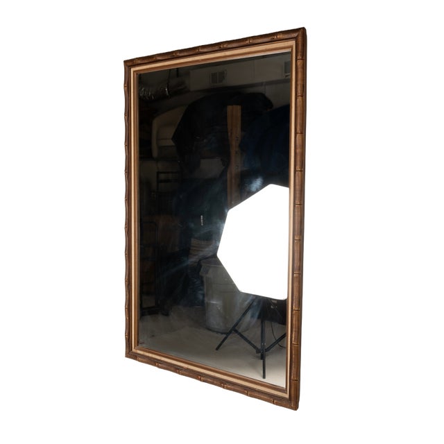 Brown 1950s Bamboo Style Linen Wood Frame Mirror Large For Sale - Image 8 of 8