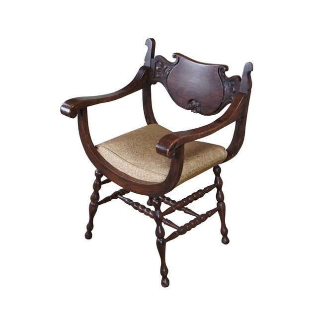 Victorian Late 19th Century Antique Victorian Stomps Burkhardt Mahogany Curule Saddle Seat Armchair For Sale - Image 3 of 12