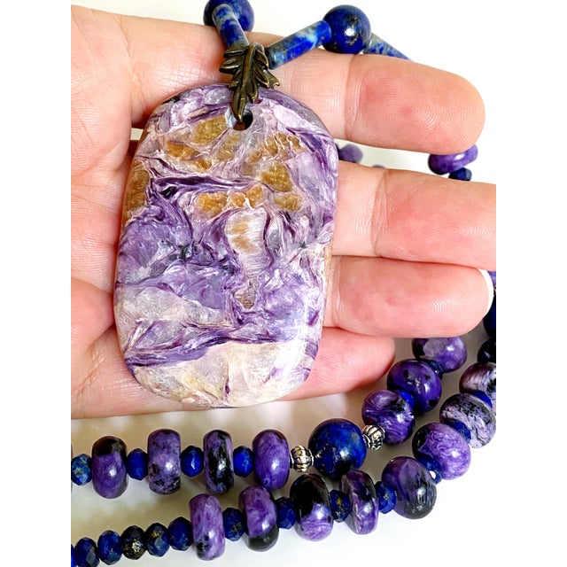 Statement Charoite and Lapis Lazuli Necklace With Sculptural Charoite Pendant a Wearable Work of Art For Sale - Image 9 of 18