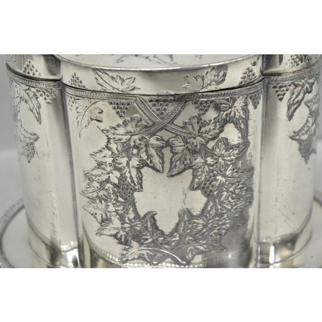 Victorian Antique Victorian Silver Plated Etched Footed Hinged Biscuit Barrel Jar on Stand For Sale - Image 3 of 18
