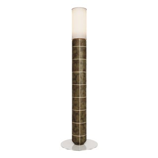 Handcrafted Ceramic and Glass Floor Lamp in with Linen Cylinder Lampshade in Smoked Moss Glaze from Svitanok For Sale