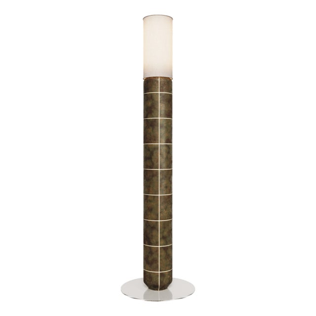 Handcrafted Ceramic Floor Lamp in with Linen Cylinder Lampshade in Smoked Moss Glaze by Svitanok For Sale