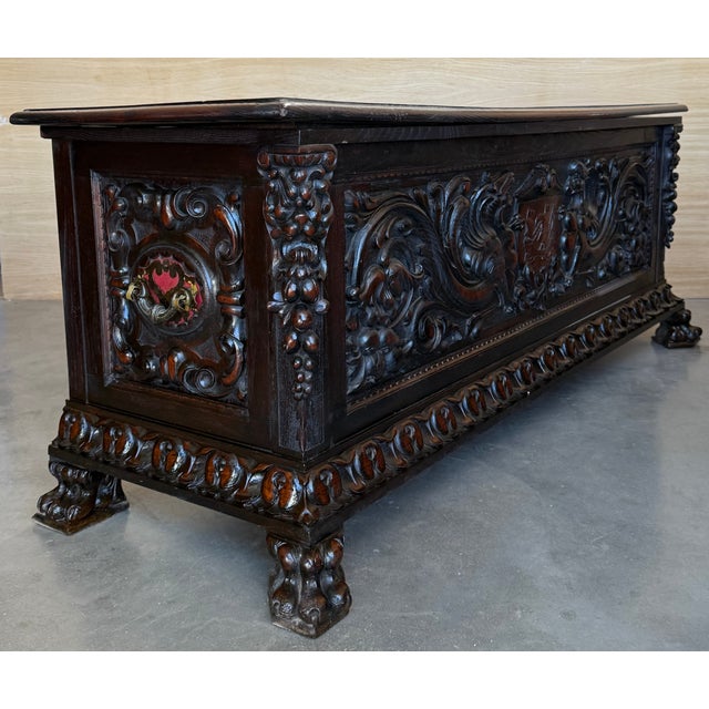 19th Spanish Baroque Carved Large Hall Bench With Storage For Sale - Image 6 of 15