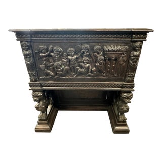 Antique Carved Oak Drop Front Desk Renaissance Revival Figural Lion Writing Desk For Sale