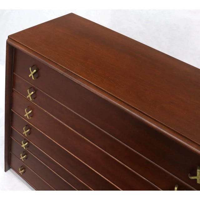 Chocolate Paul Frankl Brass X-Pulls Brown Cherry High Chest with Drop Front Secretary For Sale - Image 8 of 13