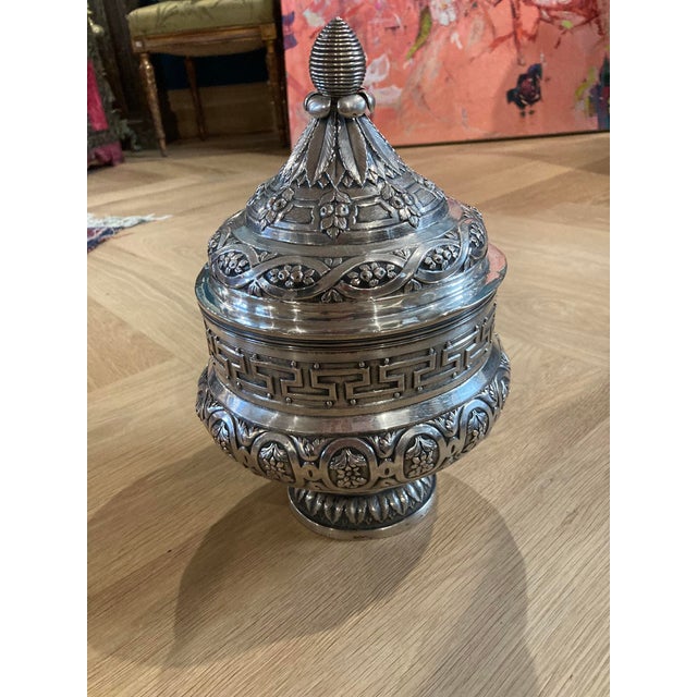 Stunning Antique Silver Lidded Pot | French Swan Hallmark | Greek Key & Floral Repoussé | 1895–1930 A truly exquisite...
