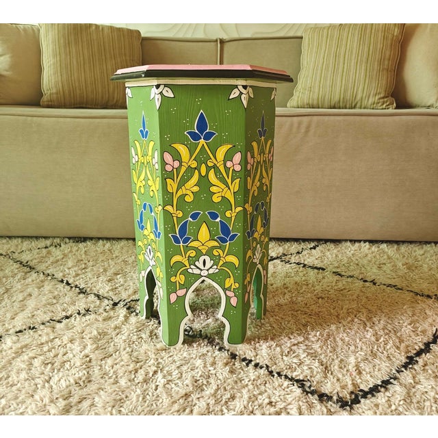 This is a 100% hand painted and hand carved Moroccan hexagonal shape side table or end table. Great handcraftsmanship...