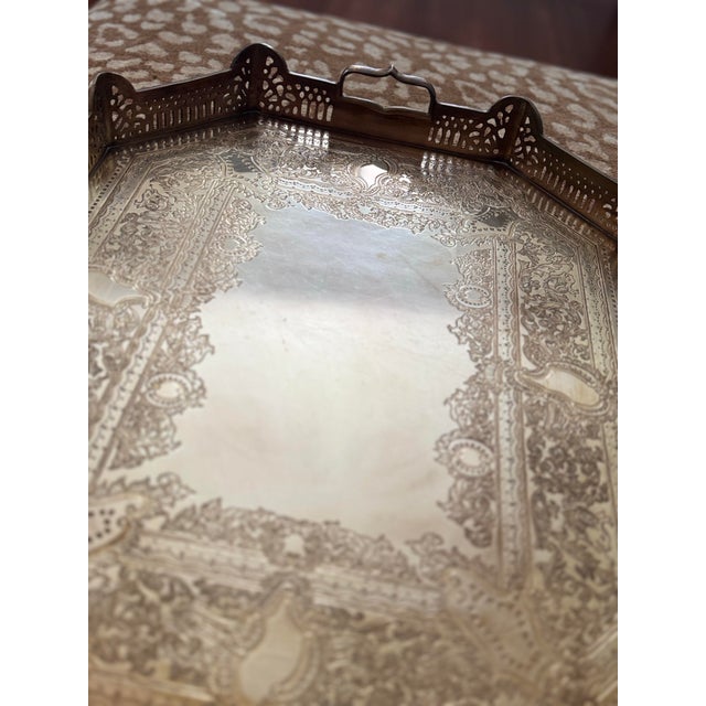 Metal Vintage Large Brass Engraved Tray For Sale - Image 7 of 12