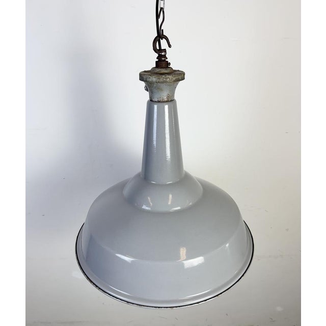 Gray Large British Industrial Grey Enamel Factory Pendant Lamp from Benjamin, 1960s For Sale - Image 8 of 18
