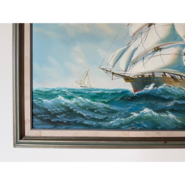Sky Blue 1970s Vintage Sailing Ship Seascape Oil on Canvas Painting, Framed For Sale - Image 8 of 12