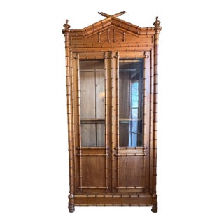 19th Century French Faux Bamboo Armoire With Double Glass Doors and Pagoda Top For Sale