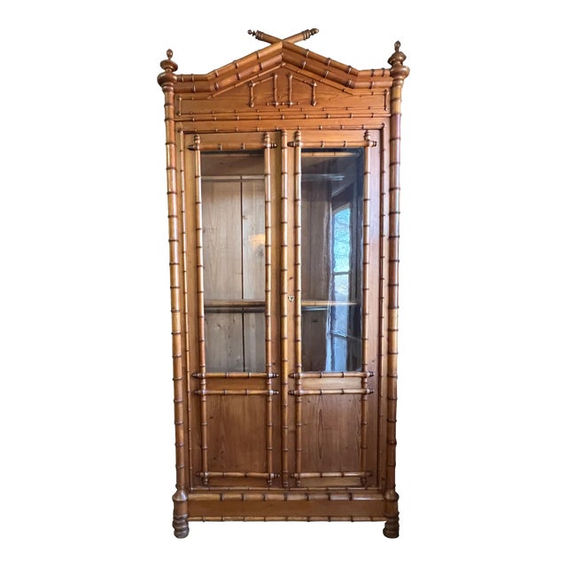 19th Century French Faux Bamboo Armoire With Double Glass Doors and Pagoda Top For Sale