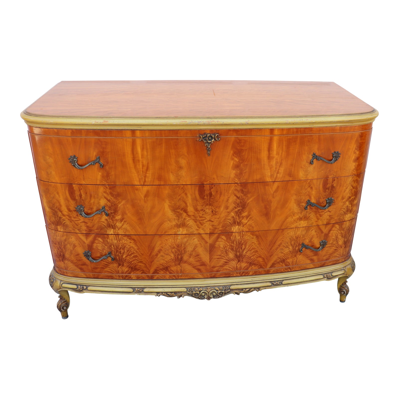 1930s French Burl Wood Bow-Front Dresser With Gilt Carved Base — view 11
