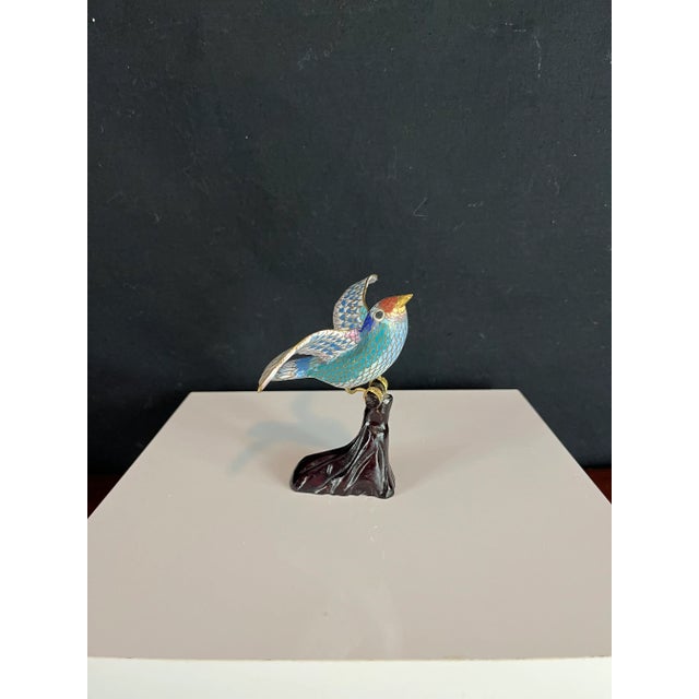Blue Colorful Cloisonné Bird on Branch – Vintage Chinese Enamel Art – Mid-Century Decor For Sale - Image 8 of 8