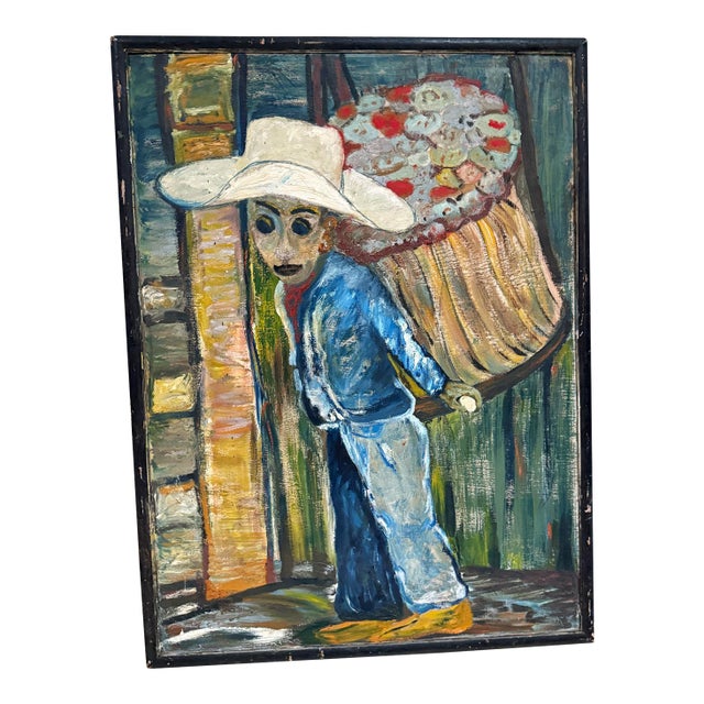 1970s Latin American Art Flower Vendor Oil on Wood For Sale
