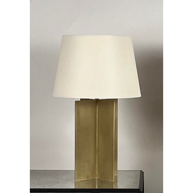 Modern Pair of Large 'Croisillon' Solid Brass Lamps With Parchment Shades by Design Frères For Sale - Image 3 of 8