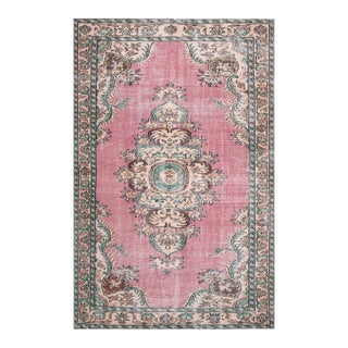 1970s Vintage Turkish Handmade Wool Cotton Pink Area Rug For Sale