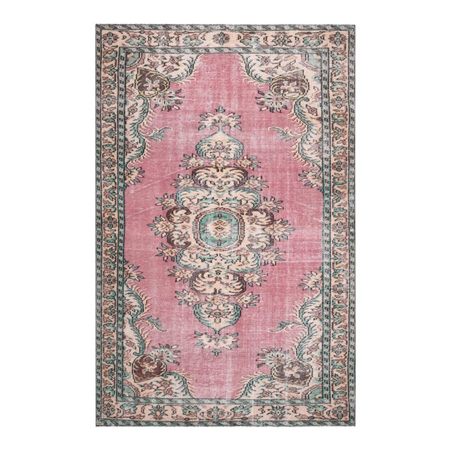 1970s Vintage Turkish Handmade Wool Cotton Pink Area Rug For Sale