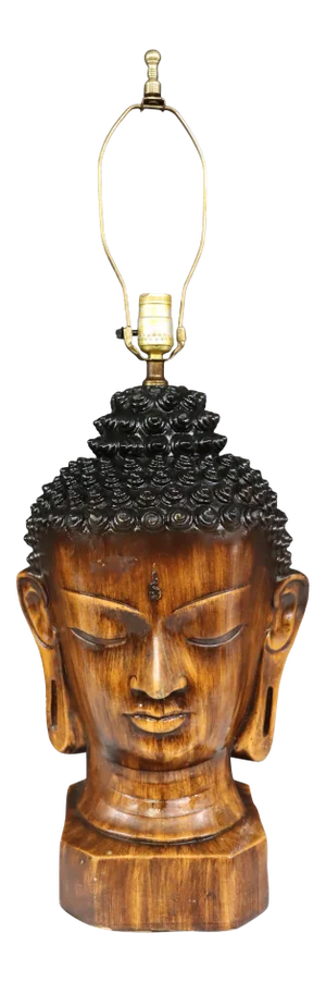 Mid 20th Century Buddha Bust Carved Elmwood and Ebonized Table Lamp