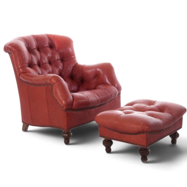 2000 - 2009 Vintage Thomasville Chesterfield Leather Easy Chair and Ottoman Set For Sale - Image 5 of 12