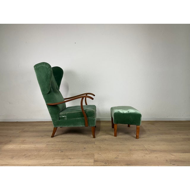 1950s Set of Lounge Chair with Ottoman in Wood and Green Velvet by Paolo Buffa, 1950s For Sale - Image 5 of 9