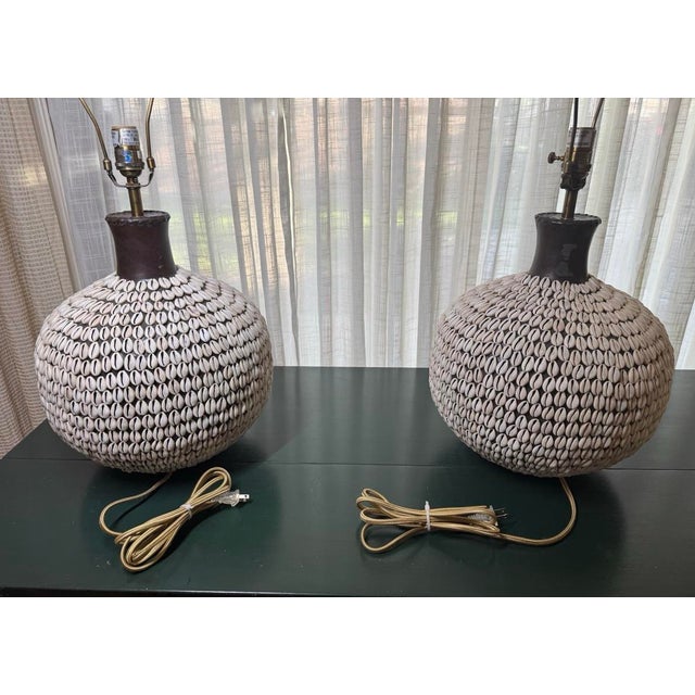 South Pacific Cowrie Sea Shell Encrusted Table Lamps Ikat Style Shades - A Pair For Sale In Phoenix - Image 6 of 12